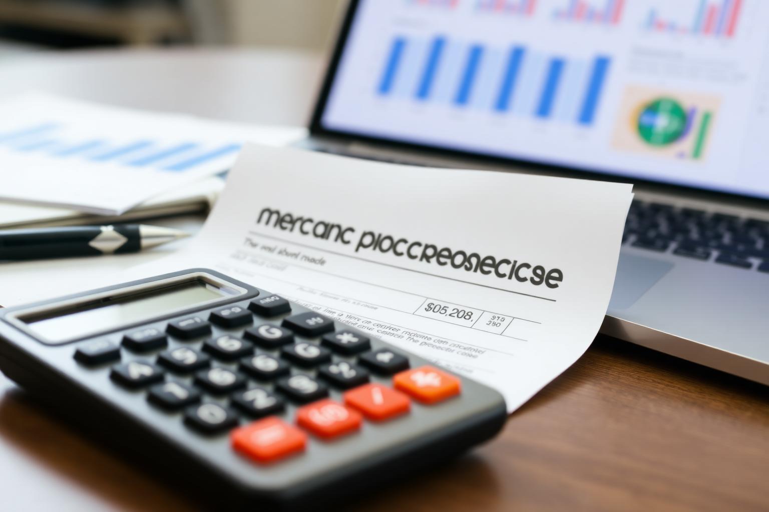 Merchant processing statement review with calculator and laptop showing business payment data