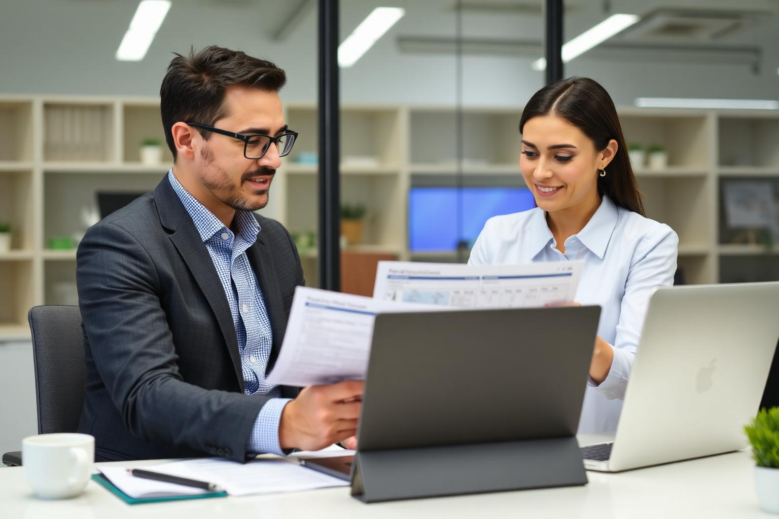 Business owner and consultant reviewing credit card processing fees during a merchant statement analysis